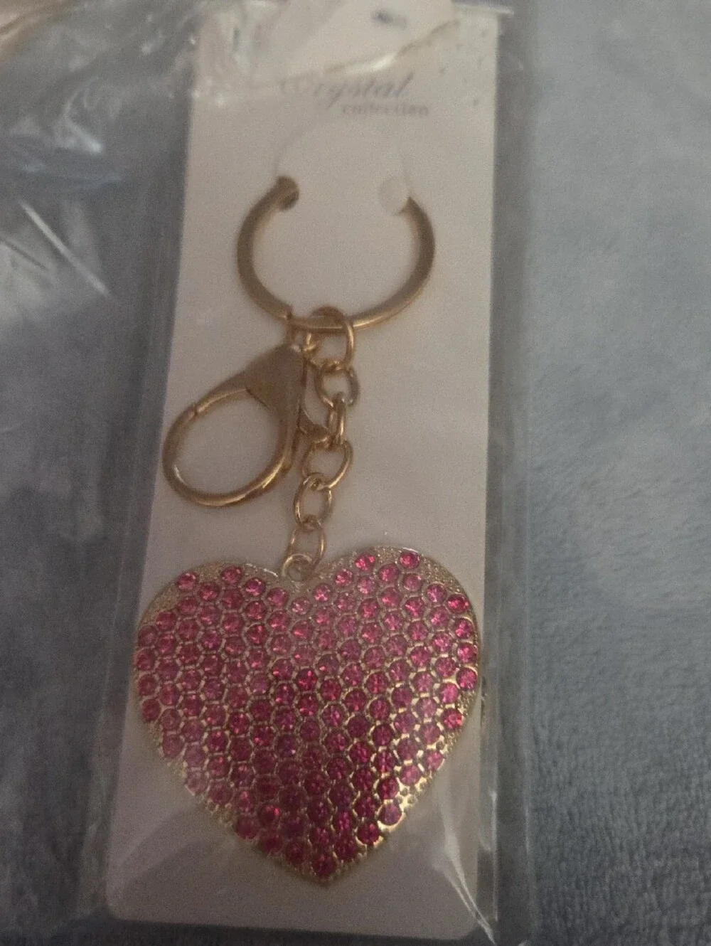 Gold-Tone Keychain with Pink Crystal Heart NWOT